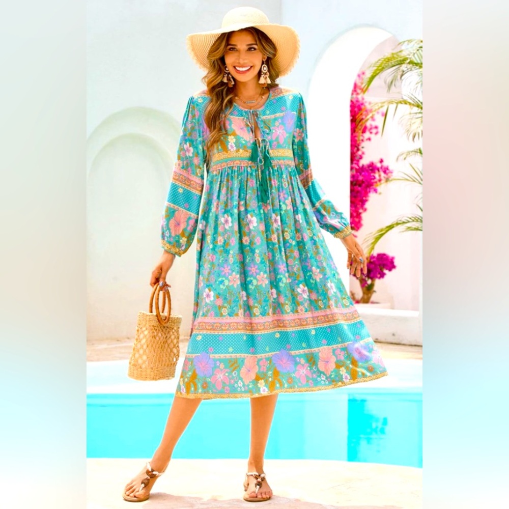 Boho Women’s maxi dress R.Vivimos Bohemian tiered blue floral Amazon Small